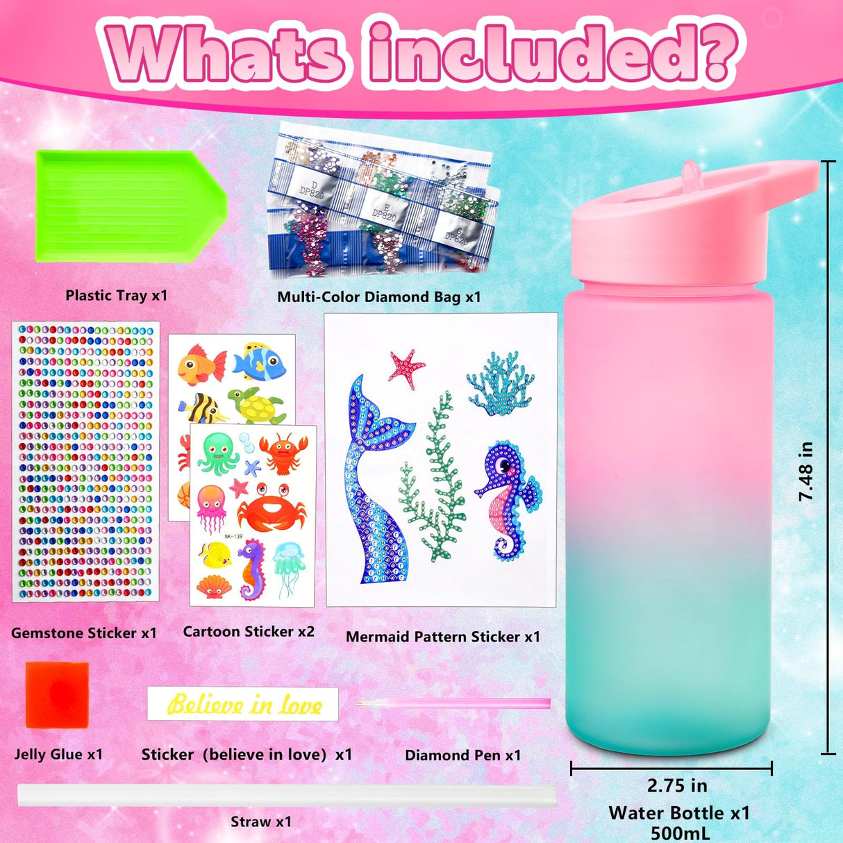 HIETIRA Decorate Your Own Water Bottle Kits for Girls - 4 5 6 7 8 Year Old Girl Gifts 4 5 6 7 8 9 Year Old Girl Birthday Gifts DIY Arts and Crafts for Kids Ages 6-8 Girls Mermaid Toys HIETIRA