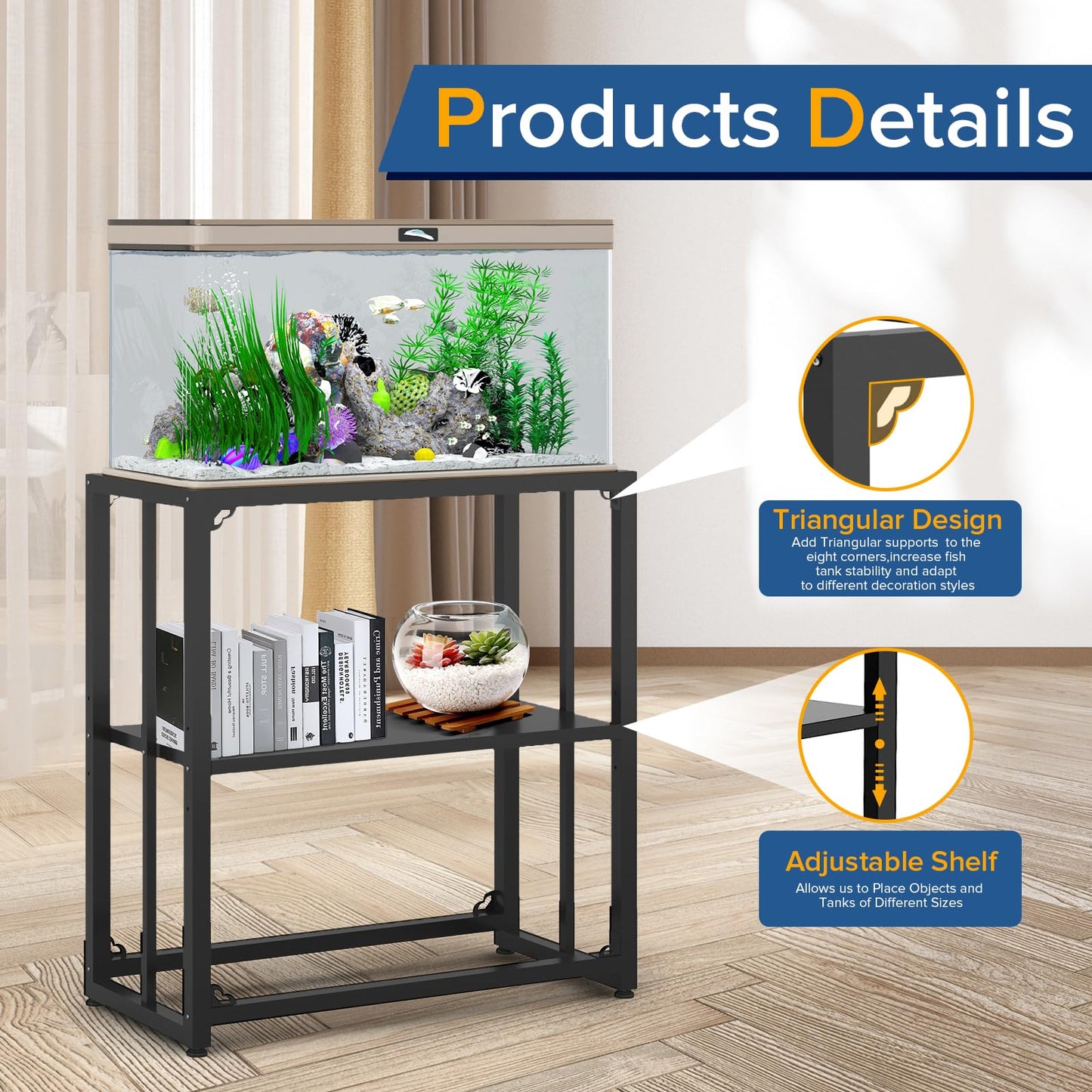 TOCRETOARE Fish Tank Stand 10-15 Gallon, Metal Aquarium Stand, 24.8" L x 9.2" W*30.1”H Double-Layer Storage Design, Suitable for Home Office Use, 660LBS Capacity,Black (Tank not Included) - WoodArtSupply