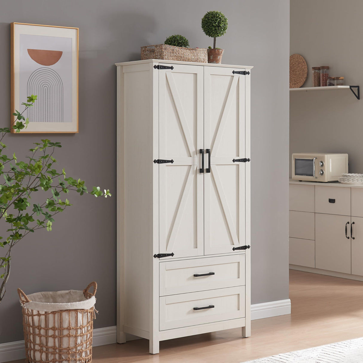 Alaxgumrol Kitchen Pantry Storage Cabinet, Food Pantry Cabinet with 2 Drawers & Adjustable Shelves & Barn Doors, Farmhouse Wood Pantry for Kitchen, Dining Room, Living Room, Bathroom, White Alaxgumrol