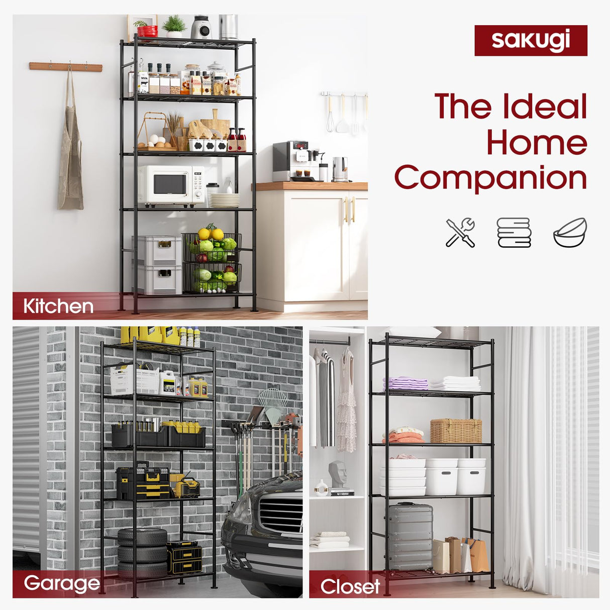 Sakugi Storage Racks - 2 Pack, 5-Tier Freestanding Steel Shelving Units with Reinforced Frame, Adjustable Garage Organization Shelves for Warehouse, Basement, Workshop, 33.5" x 12.6" x 72", Black Sakugi