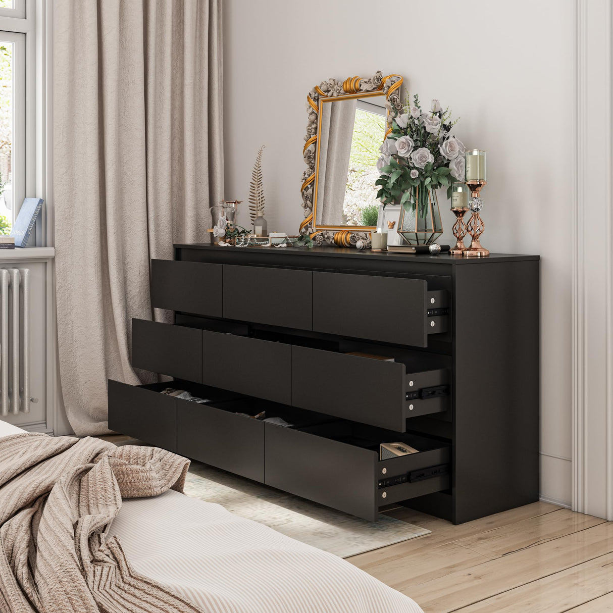 Hitow 9 Drawer Dresser for Bedroom with Deep Drawers, Large Floor Wood Dressers & Chest of Drawers Handle Free, Modern Black Long Dressers for Closet Living Room (63" W x 15.7" D x 31.5" H) Hitow