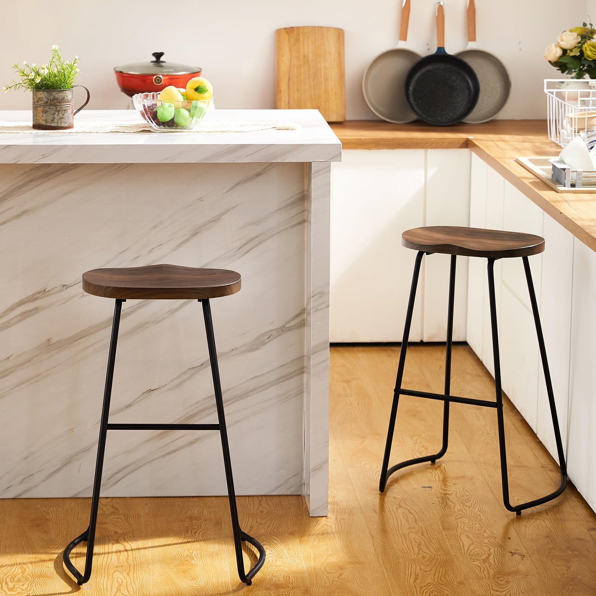 HeuGah Bar Stools Set of 4, Saddle Seat Wooden Barstools for Kitchen Island, 30" Brown Bar Height Stools with Footrest (Brown, 4 PCS 30Inch Barstool) - WoodArtSupply