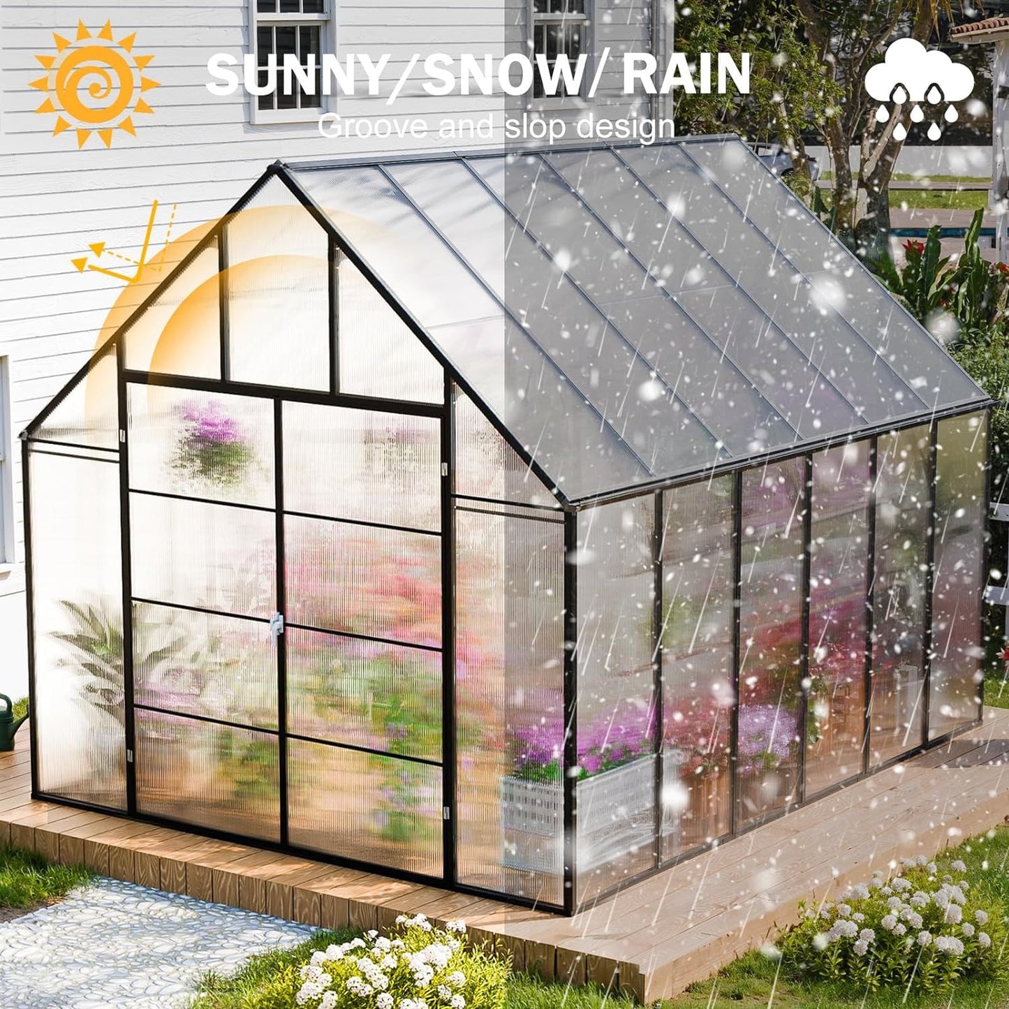 CDCASA 12x10 FT Greenhouse for Outdoors, Easy Assembly Large Aluminum Heavy Duty Polycarbonate Greenhouses Kit w/3 Window, Swing Door, Walk-in Green House for Outsides, Sunroom, Backyard, Garden