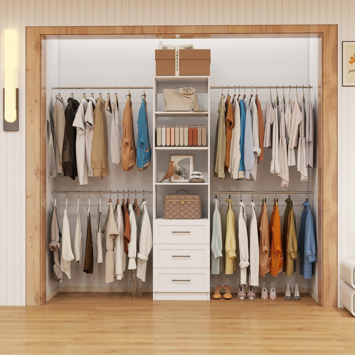 Closet System with Drawers, 5FT-8FT Custom Closet Organizer System 99" Walk in Wood Closet Storage System with 4 Expandable Hanging Rods Wall Mount White Dilando