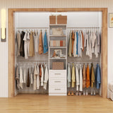 Closet System with Drawers, 5FT-8FT Custom Closet Organizer System 99" Walk in Wood Closet Storage System with 4 Expandable Hanging Rods Wall Mount White Dilando