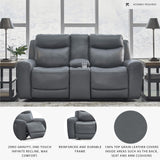 Signature Design by Ashley Mindanao Modern Leather Match Upholstered Power Reclining Loveseat with Console, USB Ports and Cup Holders, Gray Signature Design by Ashley