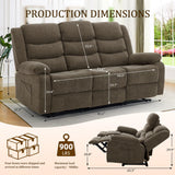 Korser Recliner Sofa, Reclining Loveseat with Console, Oversized Reclining Couch with Drop Down Table, 3-Seater Sofa with Cup Holder and Recessed Power Strip, Brown Korser