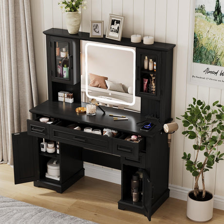 Maupvit Farmhouse Vanity Desk with Mirror and Lights, Makeup Vanity Table with Charging Station, 45" Bedroom Table with 4 Drawers and Cabinets, 3 Lighting Modes, Black Maupvit