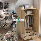 Armoire Wardrobe Closet with Drawers and 2 Fluted Doors 64.96 in Farmhouse Closet Wardrobe Cabinet with Hanging Rod Freestanding Wooden Bedroom Armoire Storage Cabinet with Shelf (1, Natural) Fsbecl