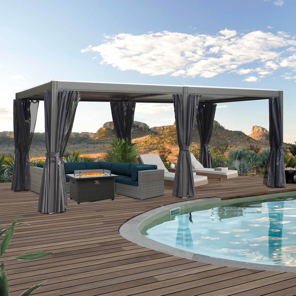 Domi Outdoor Louvered Pergola 12x20FT Full Aluminum Structure,Patio Rainproof Pergola with Two Independently Adjustable Roof for Patio Backyard Garden w/Curtains and Netting - Dark Gray domi outdoor living