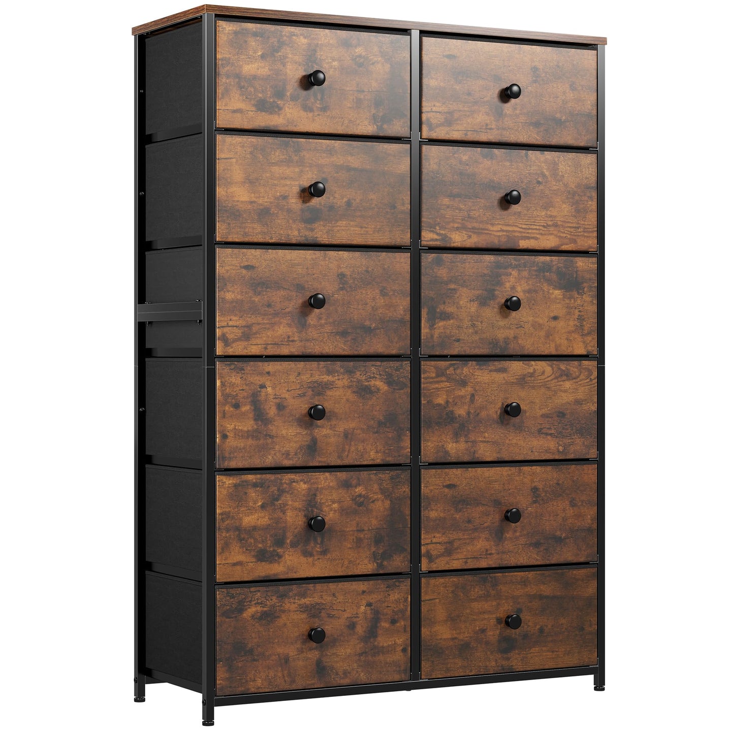 EnHomee 12 Drawer Dresser with Wooden Top and Metal Frame, Tall Fabric Dresser & Chest of Drawers for Bedroom Closet Living Room, Rustic Brown, 11.8" D x 34.7" W x 52.4" H - WoodArtSupply