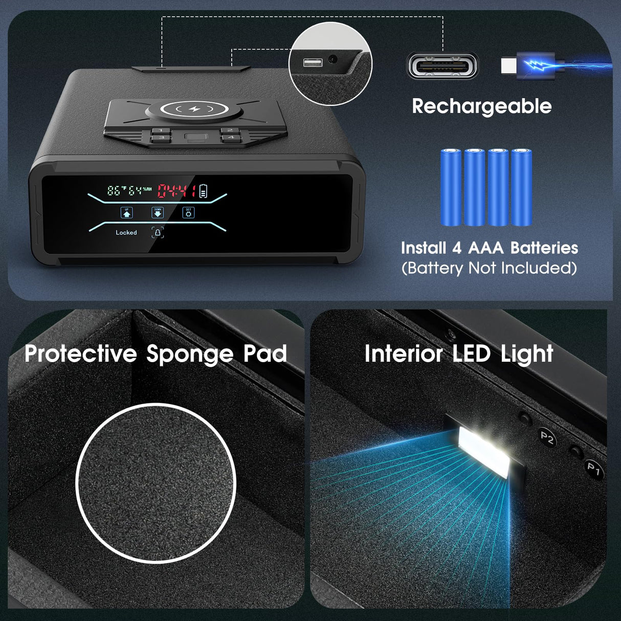 Gun Safe for Handgun Pistol Case - Biometric Quick Access Pistol Safe with Wireless Charging for Watch & Phone, 3-in-1 Fingerprint Keypad Key Lock Gun Box for Home Nightstand Bedside GODELAIF