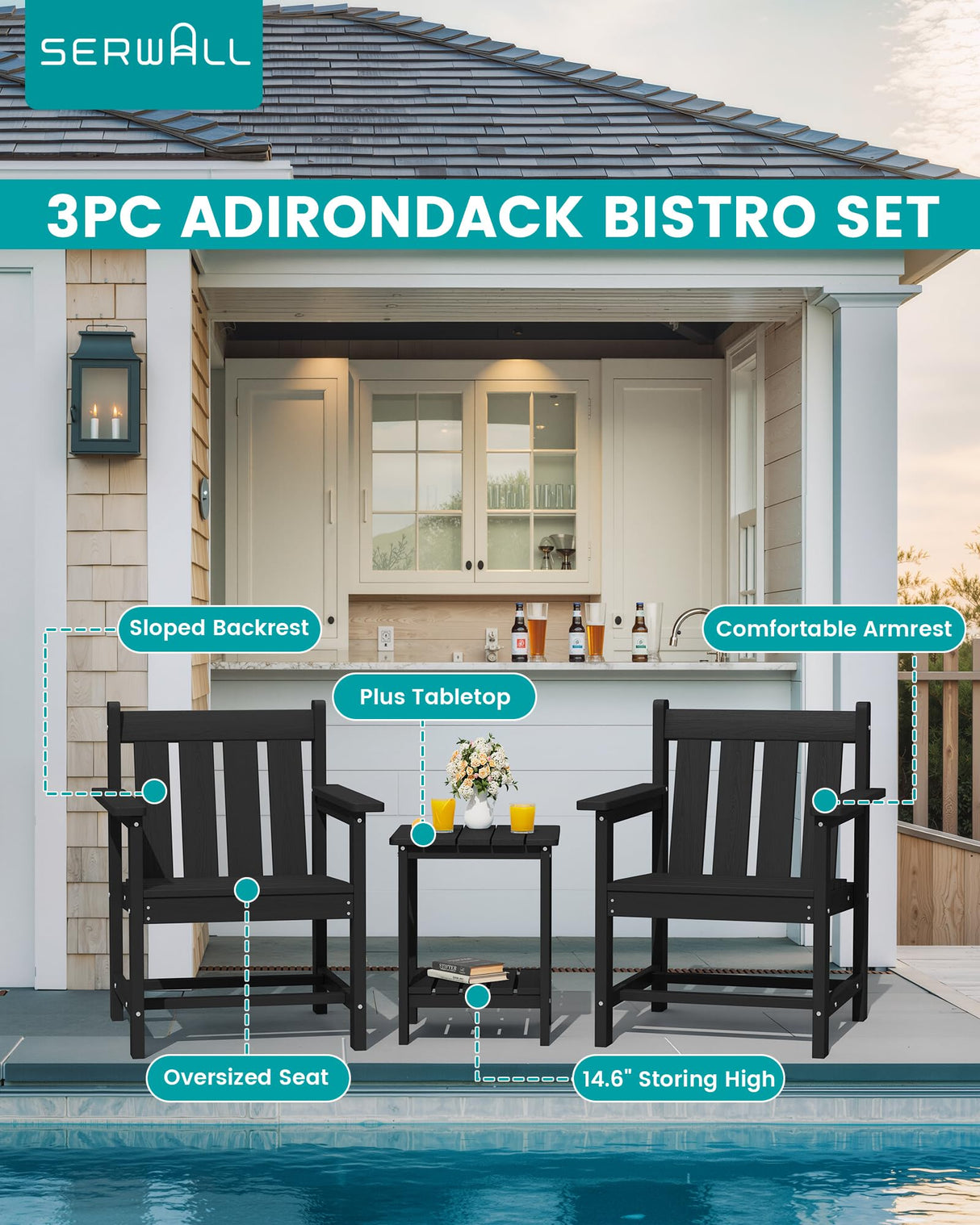 SERWALL 3 Pieces Patio Bistro Set, All Weather Adirondack Chair Set with Side Table, HDPE Material Outdoor Patio Furniture Set for Balcony, Porch, Garden, Backyard- Black SERWALL