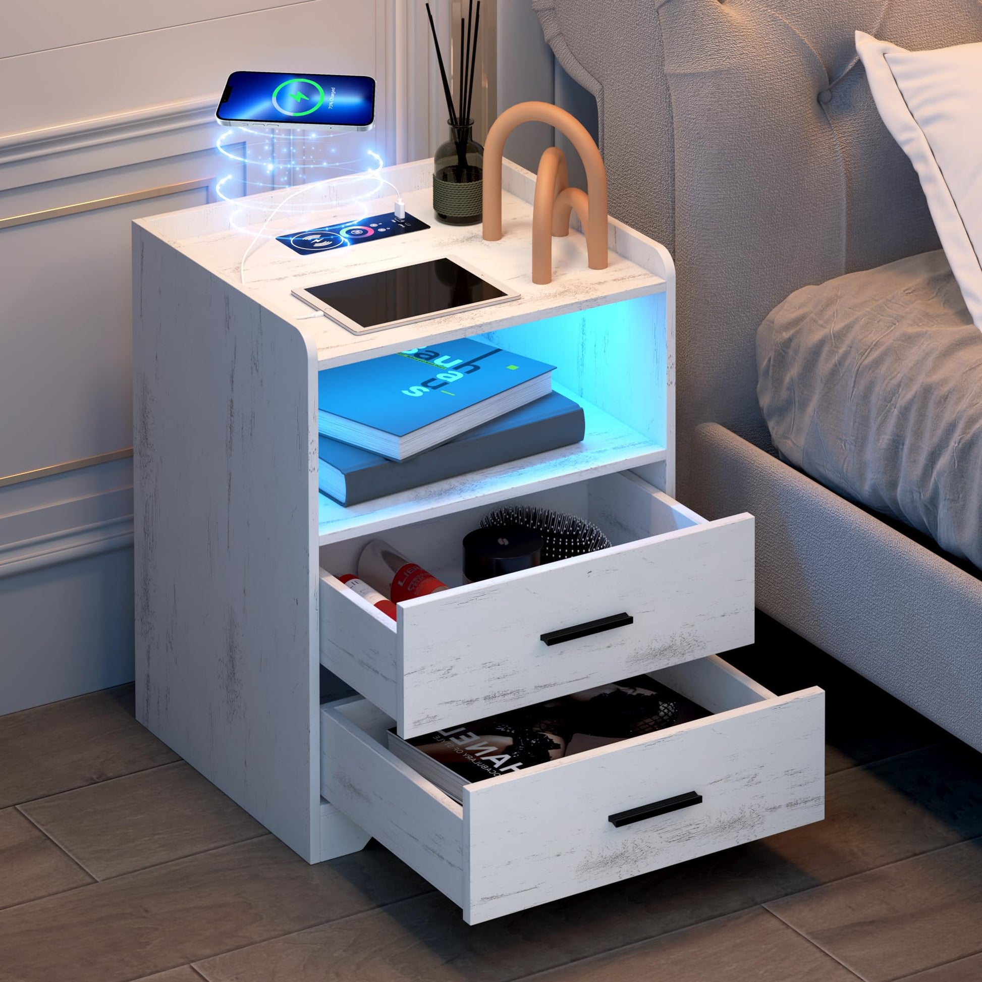 dnbss LED Nightstand with Wired/Wireless Charging Station, Night Stand with 24-Color RGB Lights, Modern Side Table, Smart Nightstands Bedside Table with Drawers for Bedroom, Wood White - WoodArtSupply