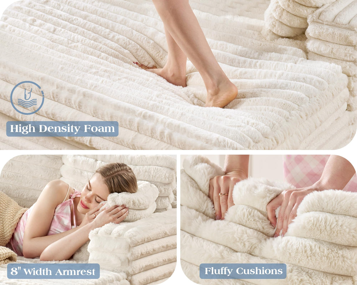 VanAcc 53 Inch Chaise Lounge Indoor, Upholstered Sofa Bed with Throw Pillows and Armrests, Sleeper Chair- Plush Chair Bed for Living Room, Off-White VanAcc