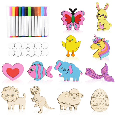 12 Pack DIY Wooden Magnets, Wooden Arts and Crafts Kit for Kids Ages 4-12, Wood Painting Craft Supplies for Birthday Party Favors Activities Easter Crafts DaiUni