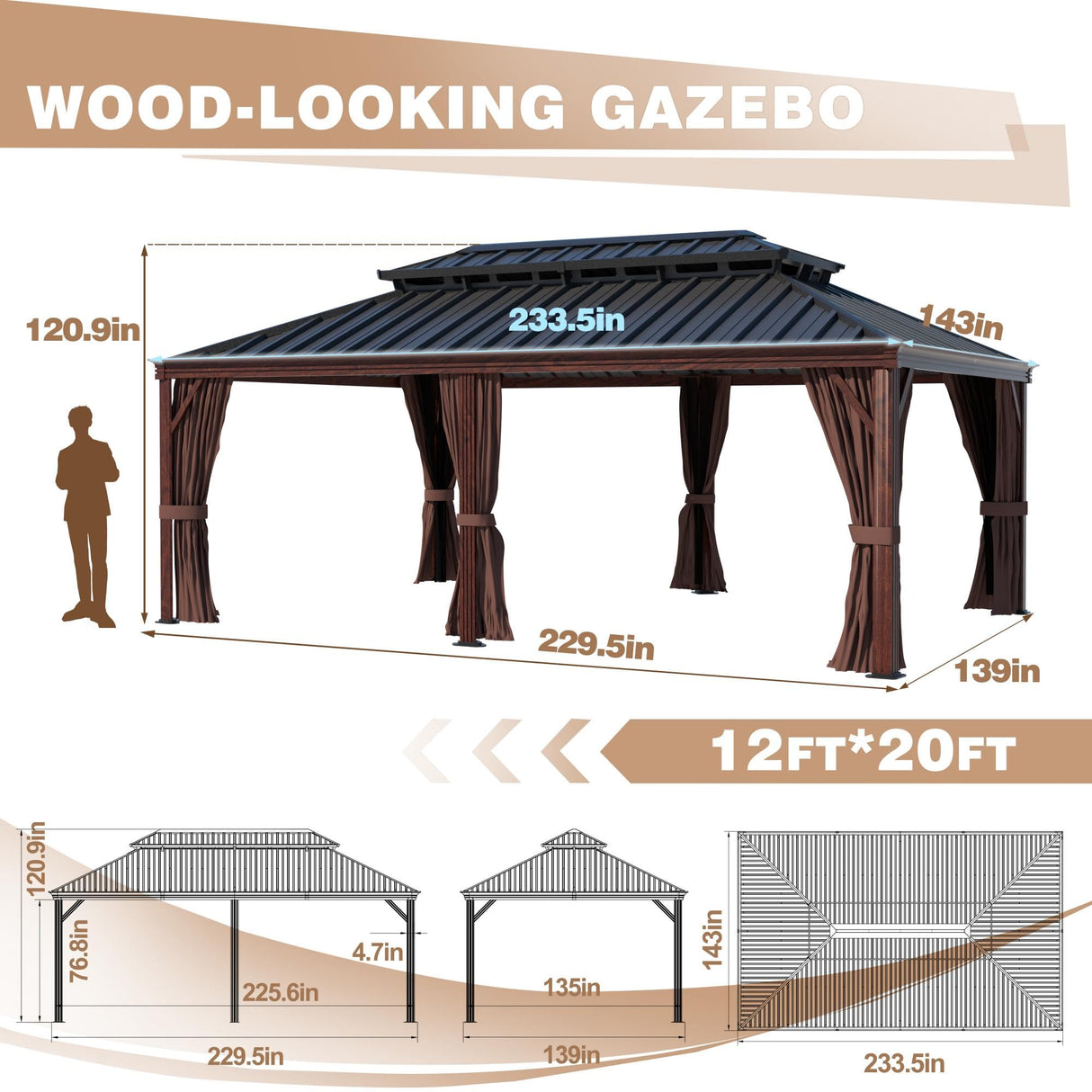 Yardenaler 12x20 FT Gazebo Wooden Finish & Metal Frame, Double Roof Permanent Outdoor Pavilion with Curtain & Netting for Patio. Garden, Backyard Yardenaler