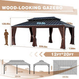 Yardenaler 12x20 FT Gazebo Wooden Finish & Metal Frame, Double Roof Permanent Outdoor Pavilion with Curtain & Netting for Patio. Garden, Backyard Yardenaler