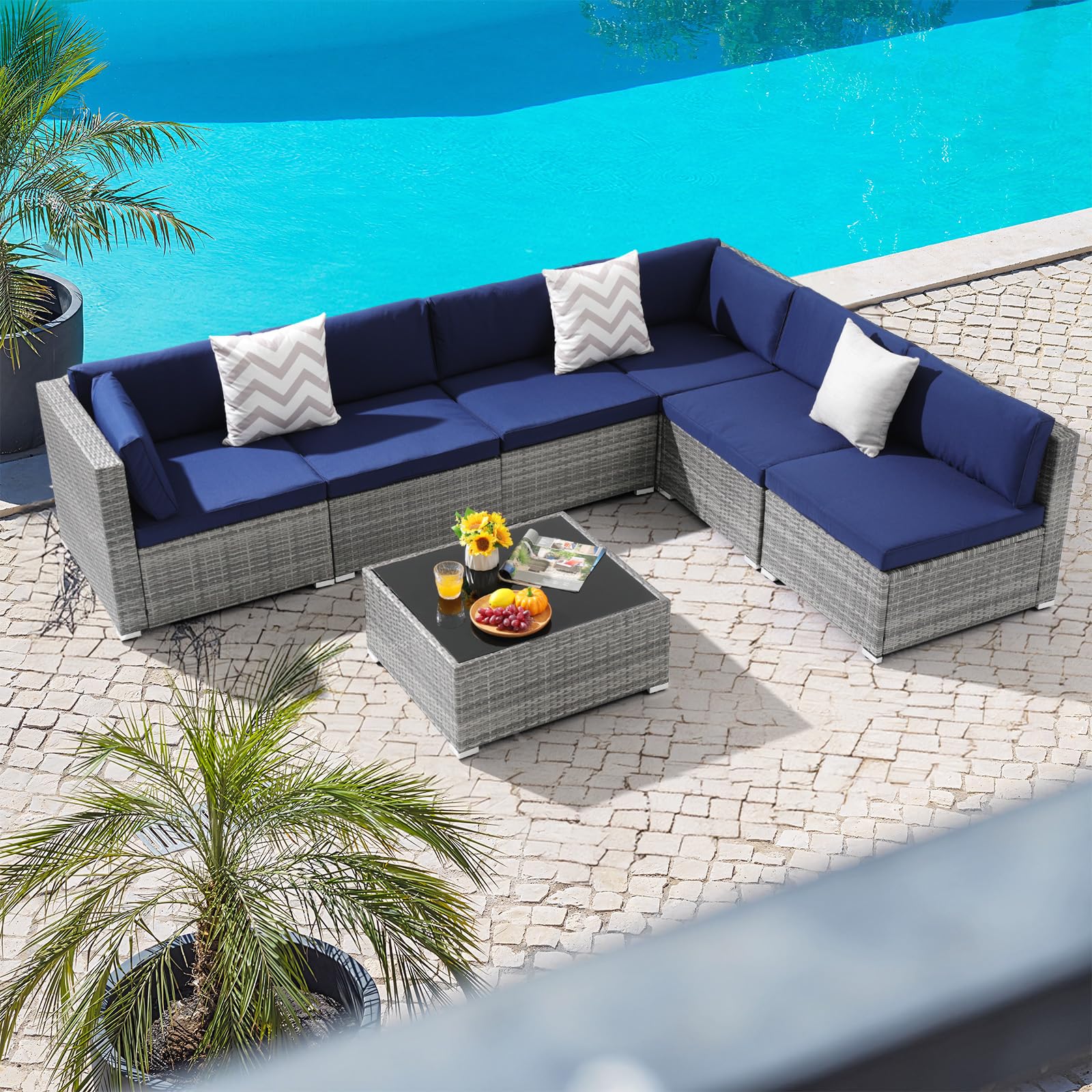 Yangming 7 Piece Outdoor Patio Furniture Sets, Outdoor Sectional Furniture with Tempered Glass Table and Cushion, Rattan Chairs Wicker Couch Conversation Set for Deck, Backyard, Porch, Lawn,  - WoodArtSupply