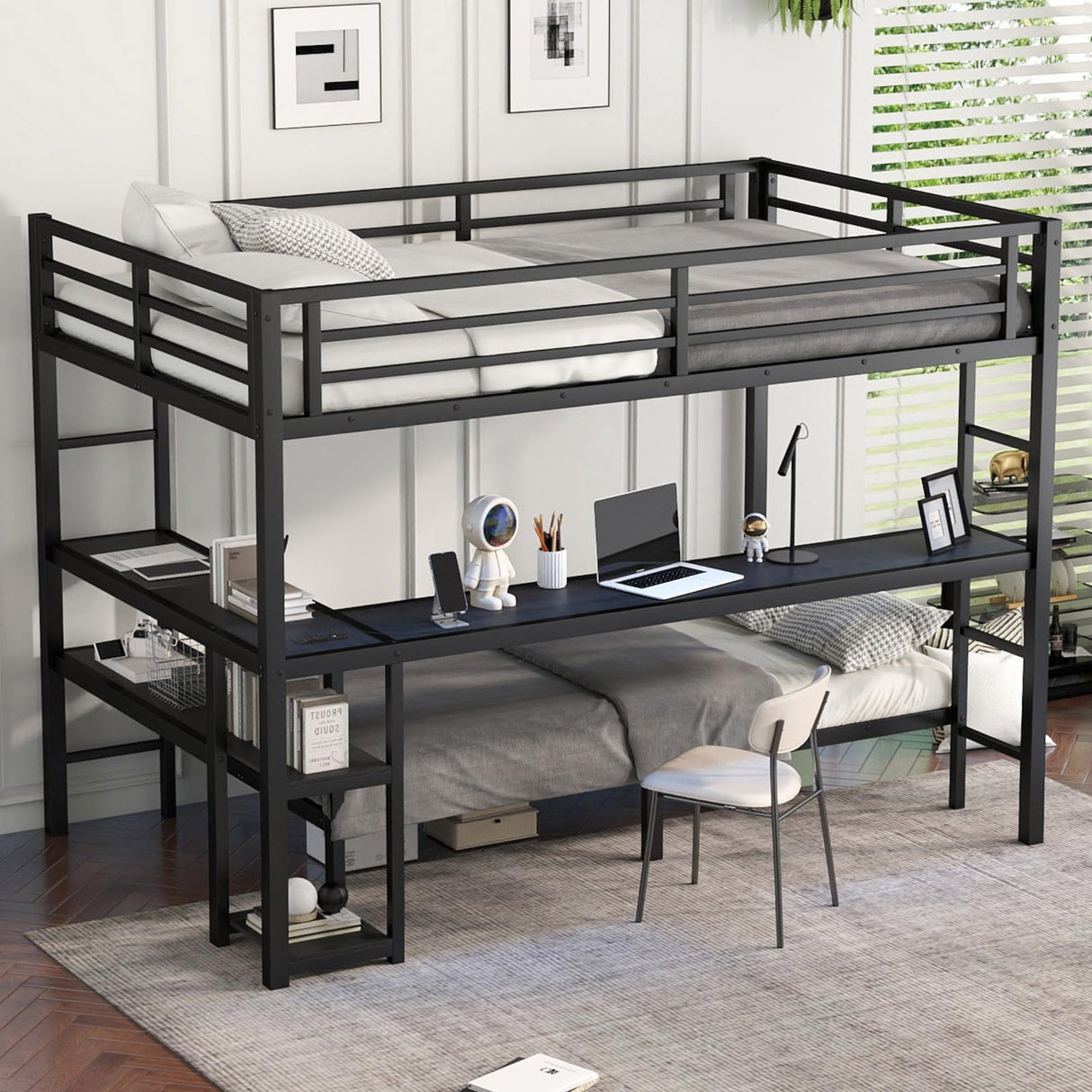 Bellemave Twin Over Full XL bunk Bed, bunk Bed with Desk, loft Bed with Desk and Shelves, Twin Over Full Metal Bunk Bed, Bunk/Loft Bed with LED and USB, Black Bellemave