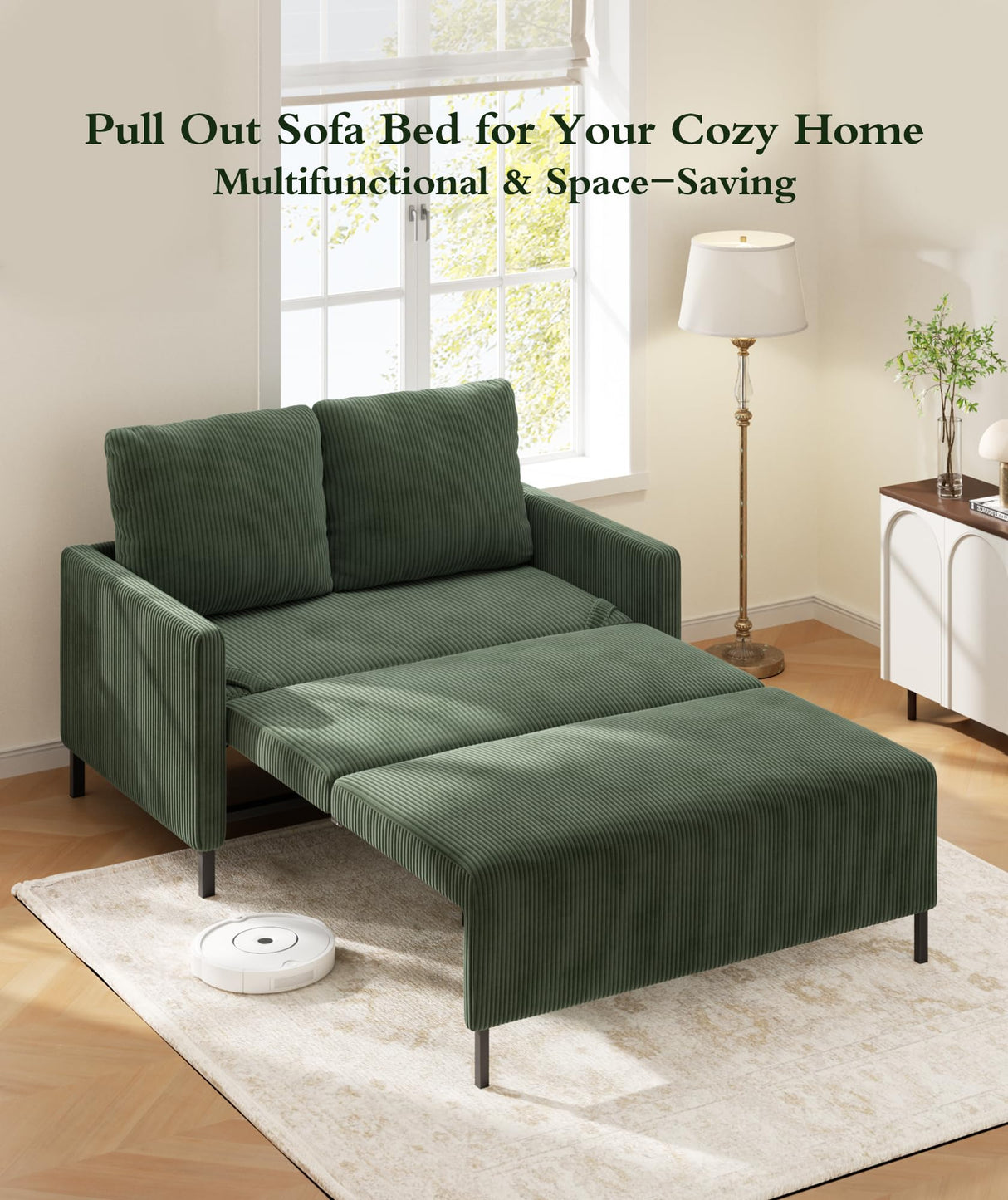 Corduroy Convertible Sofa Bed, 47" Loveseat Sleeper Sofa, Pull out Couch 618lb Capacity, Modern Sleeper Couch Bed 2 Fluffy Pillow Include, Small Couches for Small Spaces/Apartment/Office, Forest Green Domusensus
