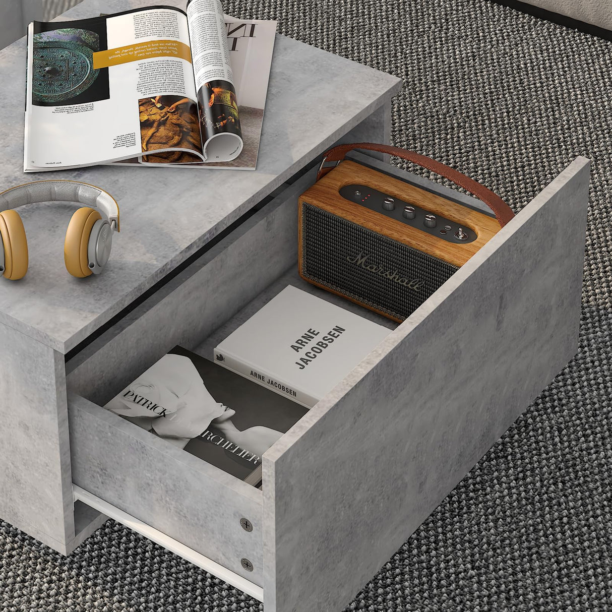 HedoAjim Grey Led Coffee Table for Living Room, Rectangular Living Room Table with Storage, Acrylic Coffee Tables with 2 Sliding Drawers, Wood Center Table for Reception Dinning Room HedoAjim