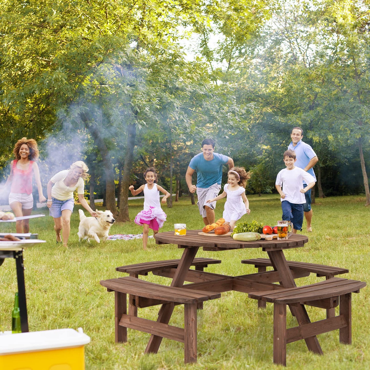 Tangkula 8 Person Wood Picnic Table, Outdoor Round Picnic Table with 4 Built-in Benches, Umbrella Hole, Outside Table and Bench Set for Garden, Backyard, Porch, Patio, 500lbs Capacity Per Ben - WoodArtSupply