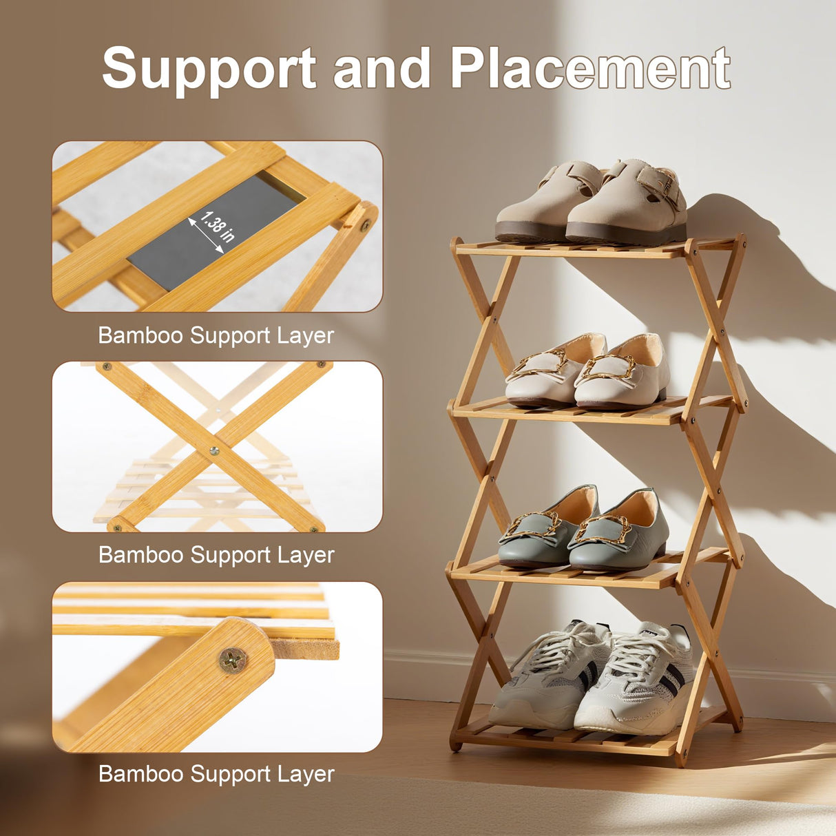TlaroRiz 4-Tier Bamboo Small Shoe Rack Compact Foldable Free Standing Shoes Organizer for Front Door Entrance Garage Corridor Entryway and Living Room, Narrow Space-Saving Shoe Shelf, Natural TlaroRiz