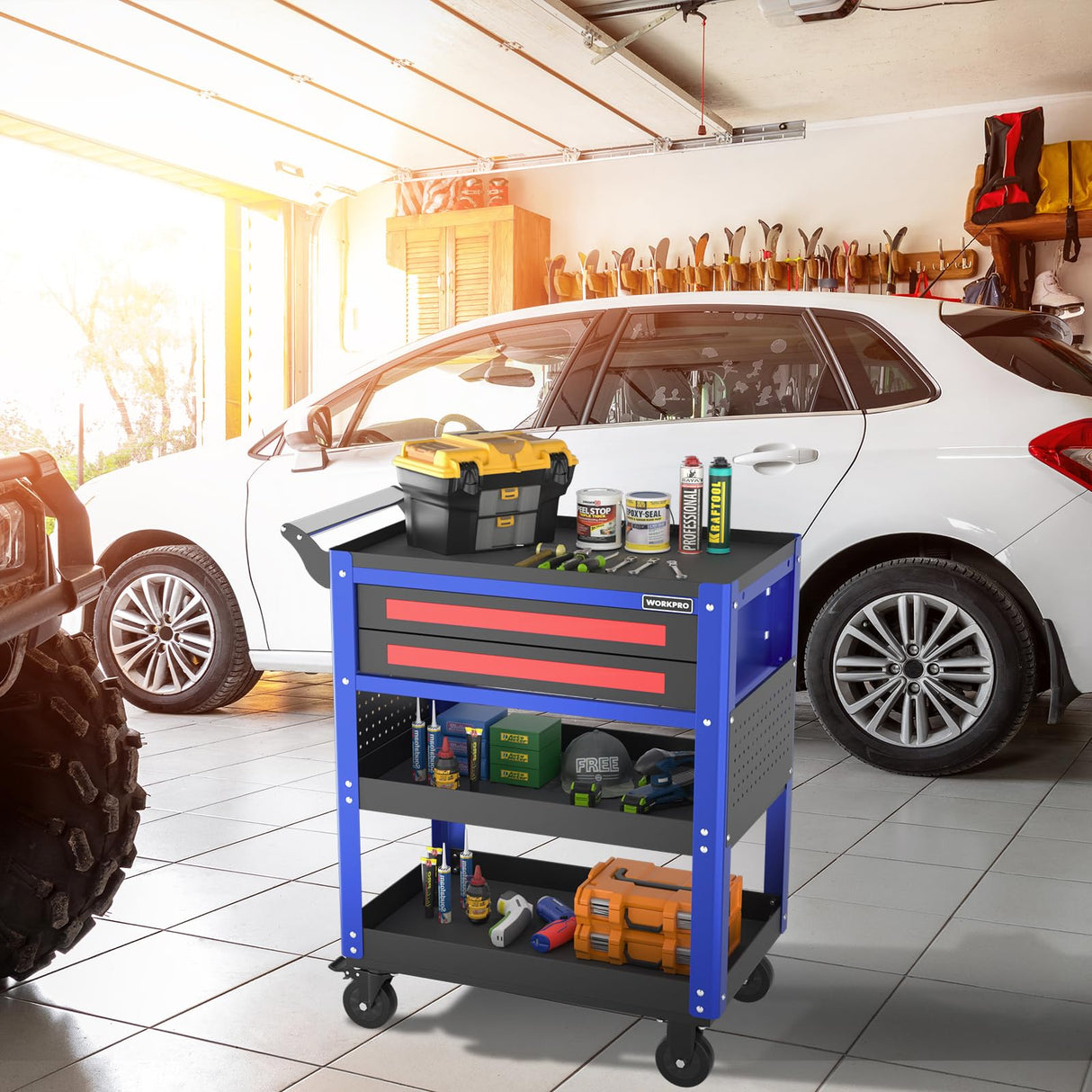WORKPRO Premium 28" 2-Drawer Rolling Tool Cart, Heavy Duty Utility Industrial Service Cart Storage Organizer with Wheels and Locking System, for Mechanic, Warehouse, Garage, Workshop, 400 lbs Load WORKPRO