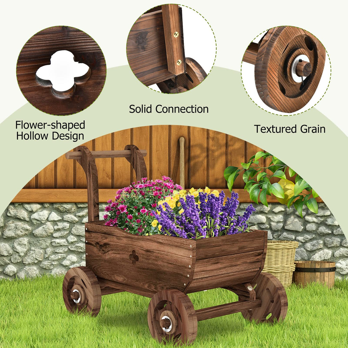 S AFSTAR Wooden Wagon Planter Box, Mobile Garden Planter with 4 Wheels, Handle, Drain Hole, Decorative Flower Planter for Indoor & Outdoor Decor, Wooden Flower Cart for Patio, Garden, Balcony, Brown S AFSTAR