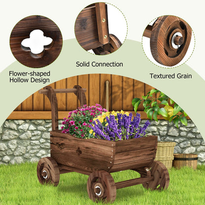 S AFSTAR Wooden Wagon Planter Box, Mobile Garden Planter with 4 Wheels, Handle, Drain Hole, Decorative Flower Planter for Indoor & Outdoor Decor, Wooden Flower Cart for Patio, Garden, Balcony - WoodArtSupply