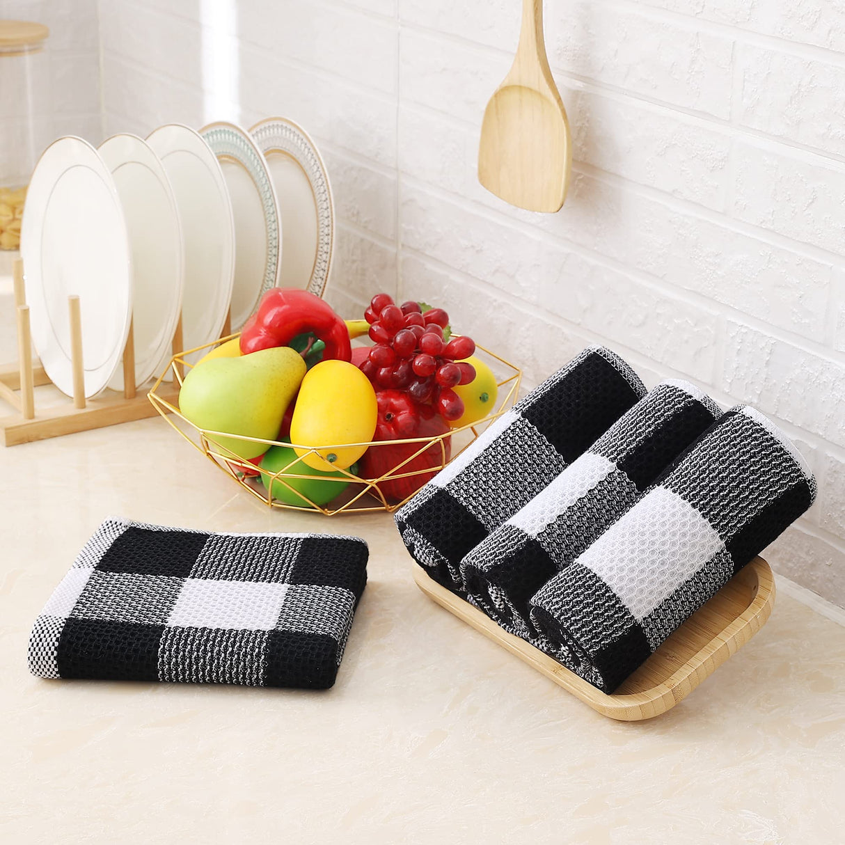 Homaxy 100% Cotton Waffle Weave Check Plaid Kitchen Towels, 13 x 28 Inches, Super Soft and Absorbent Dish Towels for Drying Dishes, 4-Pack, White & Black Homaxy