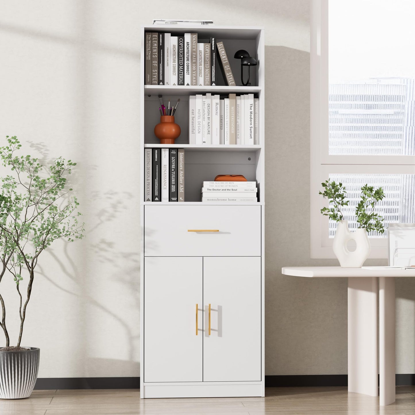 Cozy Castle 71-Inch White Bookcase with Drawer and 6-Tier Storage Cabinet - WoodArtSupply