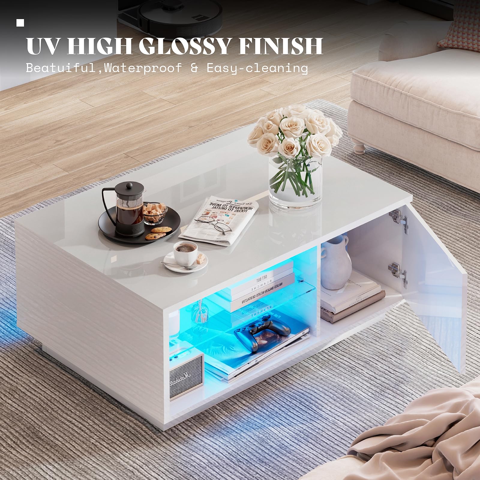 AMERLIFE LED Coffee Table with 20-Color Light, Modern High Gloss Center Table with Glass Shelf Storage for Living Room, Remote Control, White - WoodArtSupply