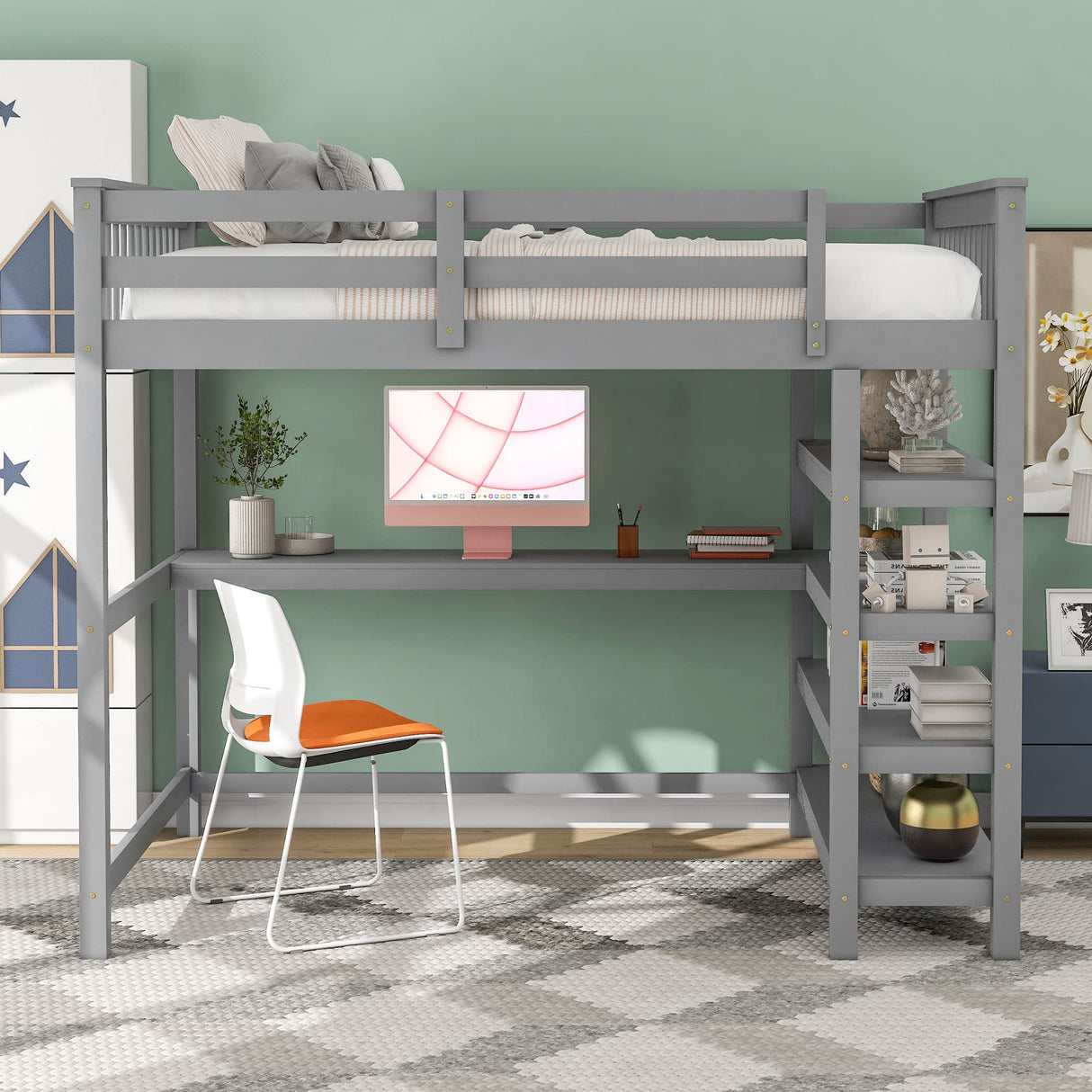 Merax Grey Twin Loft Bed with Under-Bed Desk and 4 Storage Shelves Merax