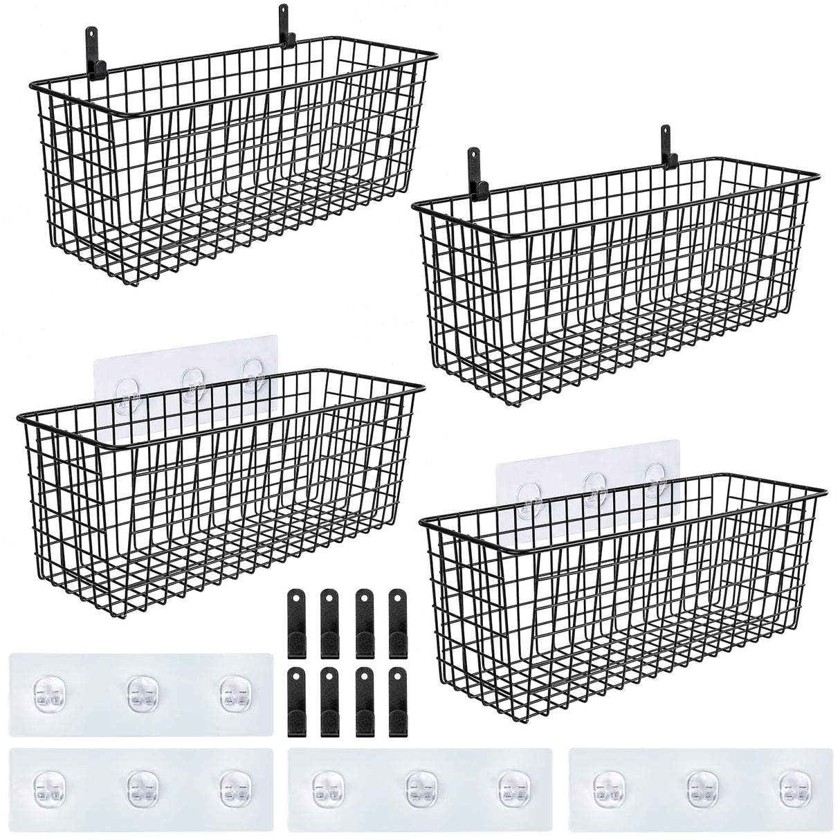 4 Set [EXTRA LARGE] Hanging Wall Mount Storage Baskets with Adhesive Hooks & Steel Hooks, Multiuse Sturdy Wire Metal Organizing Baskets for Home Kitchen Bathroom Pantry Utility Organizer, Black AOZITA