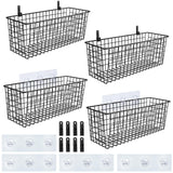 4 Set [EXTRA LARGE] Hanging Wall Mount Storage Baskets with Adhesive Hooks & Steel Hooks, Multiuse Sturdy Wire Metal Organizing Baskets for Home Kitchen Bathroom Pantry Utility Organizer, Black AOZITA