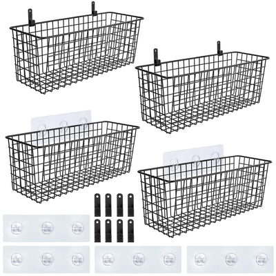 4 Set [EXTRA LARGE] Hanging Wall Mount Storage Baskets with Adhesive Hooks & Steel Hooks, Multiuse Sturdy Wire Metal Organizing Baskets for Home Kitchen Bathroom Pantry Utility Organizer, Black