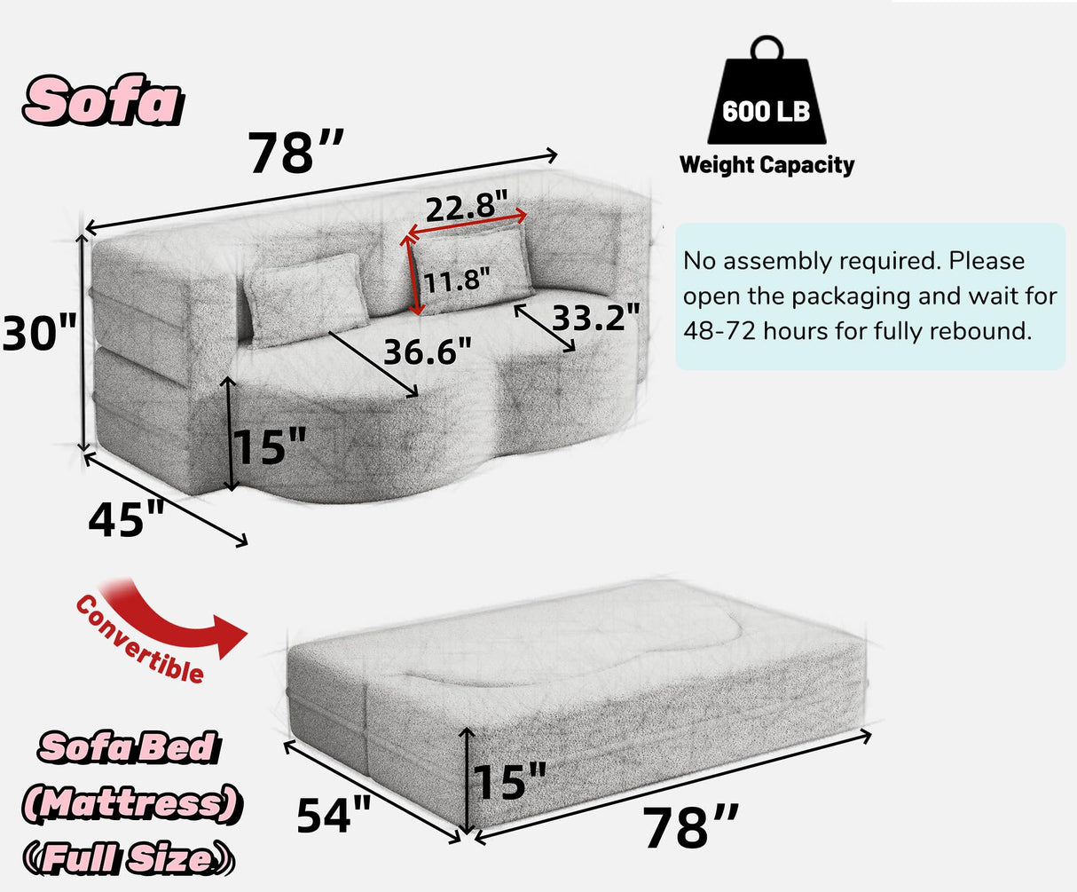 JOYBASE 78in Sofa Couch Convertible Oversized Cloud Loveseat Minimalist Sleeper Sofa Bed for Living Room, Apartment, Office, No Assembly Required (Beige) JOYBASE