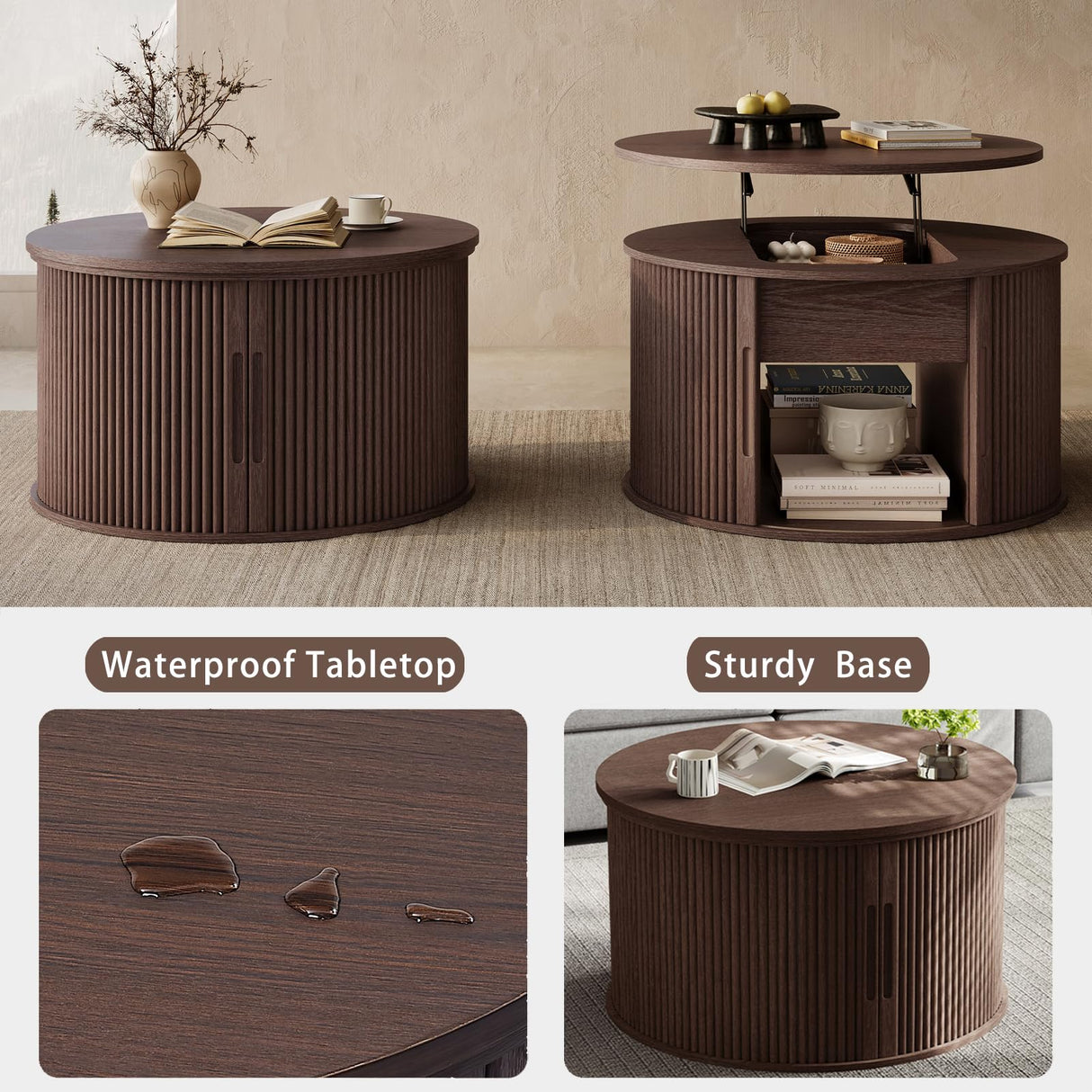 LINSY Lift Top Coffee Table, Round Fluted Coffee Table with Storage, Mid Century Modern Wooden Coffee Tables with Sliding Tambour Door, 31.5" Center Table for Living Room, Office, Small Space, Walnut LINSY
