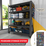 DITOMARRIO 78" H 5-Shelf Metal Storage Shelves, 2000 lbs Garage Shelving Unit with Pegboard, Adjustable Industrial Heavy Duty Storage Rack with Wheels, 47.2" W x 18" D for Pantry Basement, Black DITOMARRIO