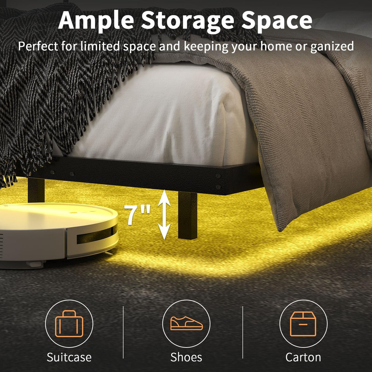 HOMBCK Floating Bed Frame Queen with LED Lights, Modern Metal Platform Bed Frame Queen Size, Heavy Duty Steel Slats Support, No Box Spring Needed, Noise Free, Easy Assembly, Black HOMBCK