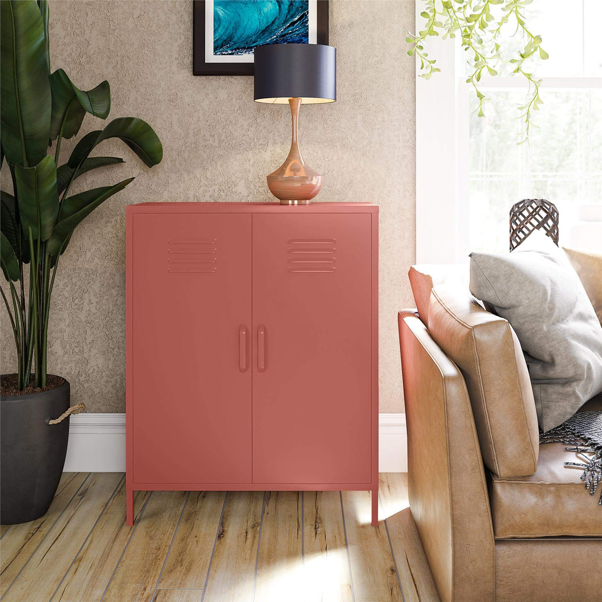 REALROOMS Shadwick 2 Door Metal Locker Style Accent Storage Cabinet, Terracotta REALROOMS