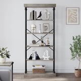 IDEALHOUSE Rustic 6-Tier Industrial Bookshelf with Metal Frame - Elegant Grey Storage Rack for Home and Office IDEALHOUSE