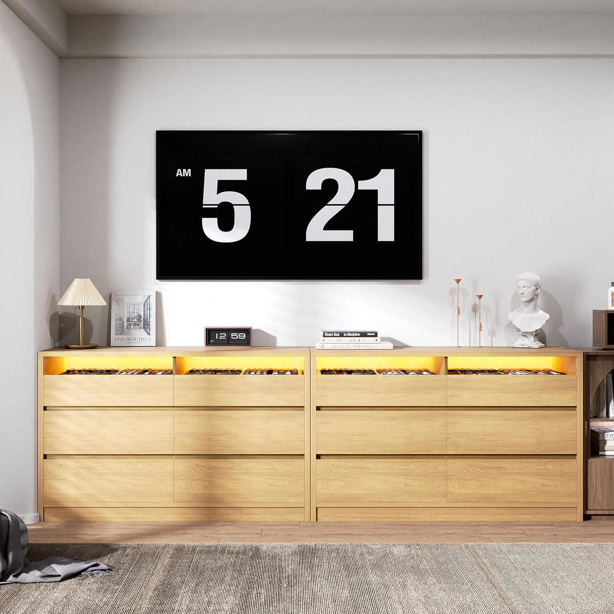 Jocoevol Modern 6 Drawer Dresser for Bedroom with LED Light, Large Chest of Drawers with Hidden Handles, Double Wooden Dresser Closet for Living Room, Entryway, Hallway - Natural Wood Jocoevol