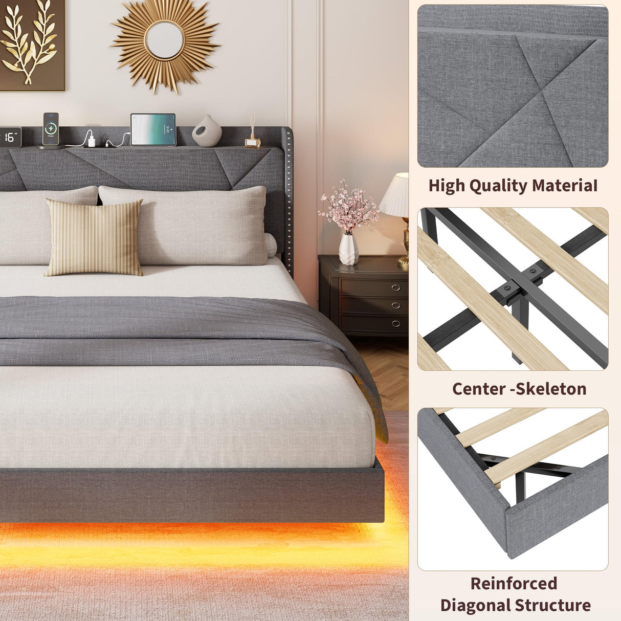 GarveeHome Queen Floating Bed Frame with LED Lights & Charging Station, Upholstered Platform Beds with Storage Headboard & Folding Shelves Storage, Metal Slats Support, No Box Spring Needed, Grey GarveeHome