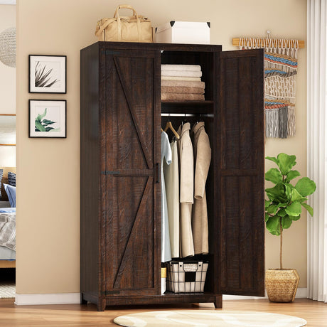 LUXOAK 70" Large Armoire Wardrobe Closet with Hanging Rod, Farmhouse Clothing Storage Cabinet with 2 Barn Doors, Wooden Tall Bedroom Armoires with Shelf, Espresso LUXOAK
