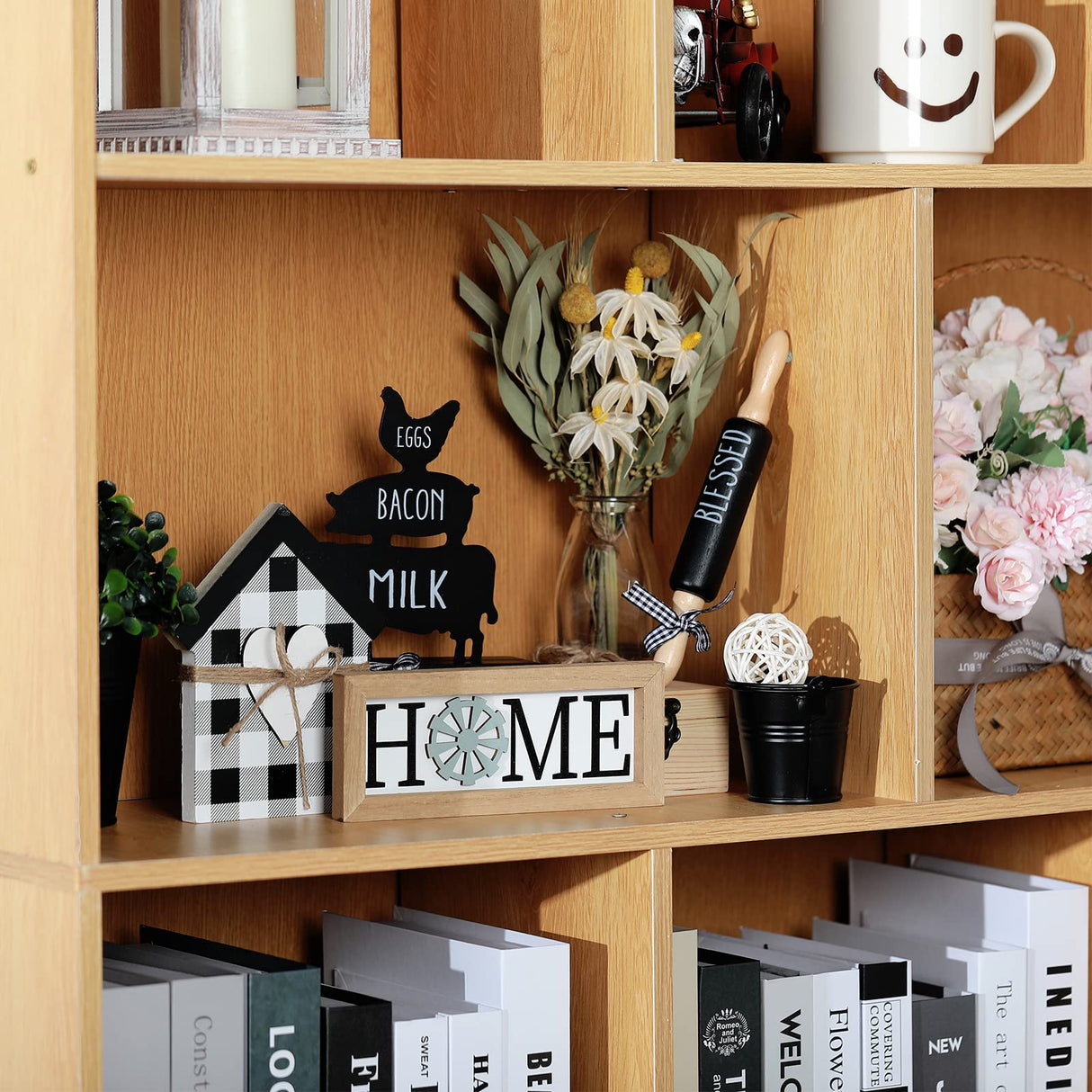 Yulejo 7 Pcs Farmhouse Tiered Tray Decor Buffalo Plaid Rustic Farmhouse Sweet Home Signs Double Printed Artificial Wooden Plant Tiered Tray Decorations for Kitchen Home Table Centerpiece Decor Yulejo