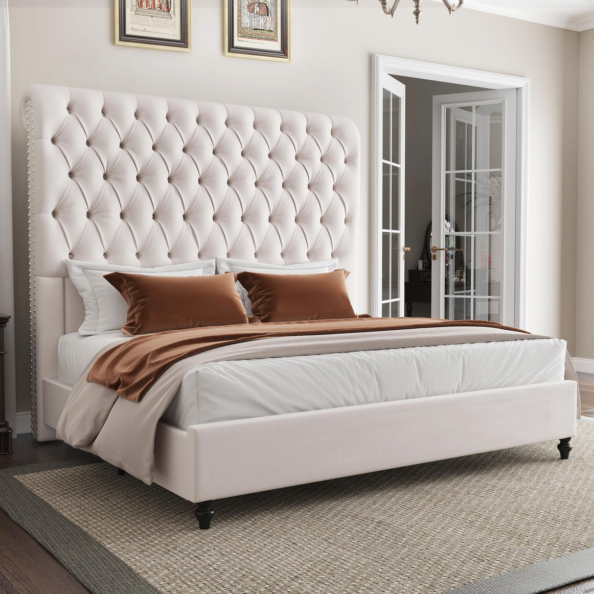 AMERLIFE Queen Size Bed Frame with 60" Tall Wingback Headboard, Velvet Upholstered Platform, Button Tufted Sleigh Design, No Box Spring Needed,Cream AMERLIFE