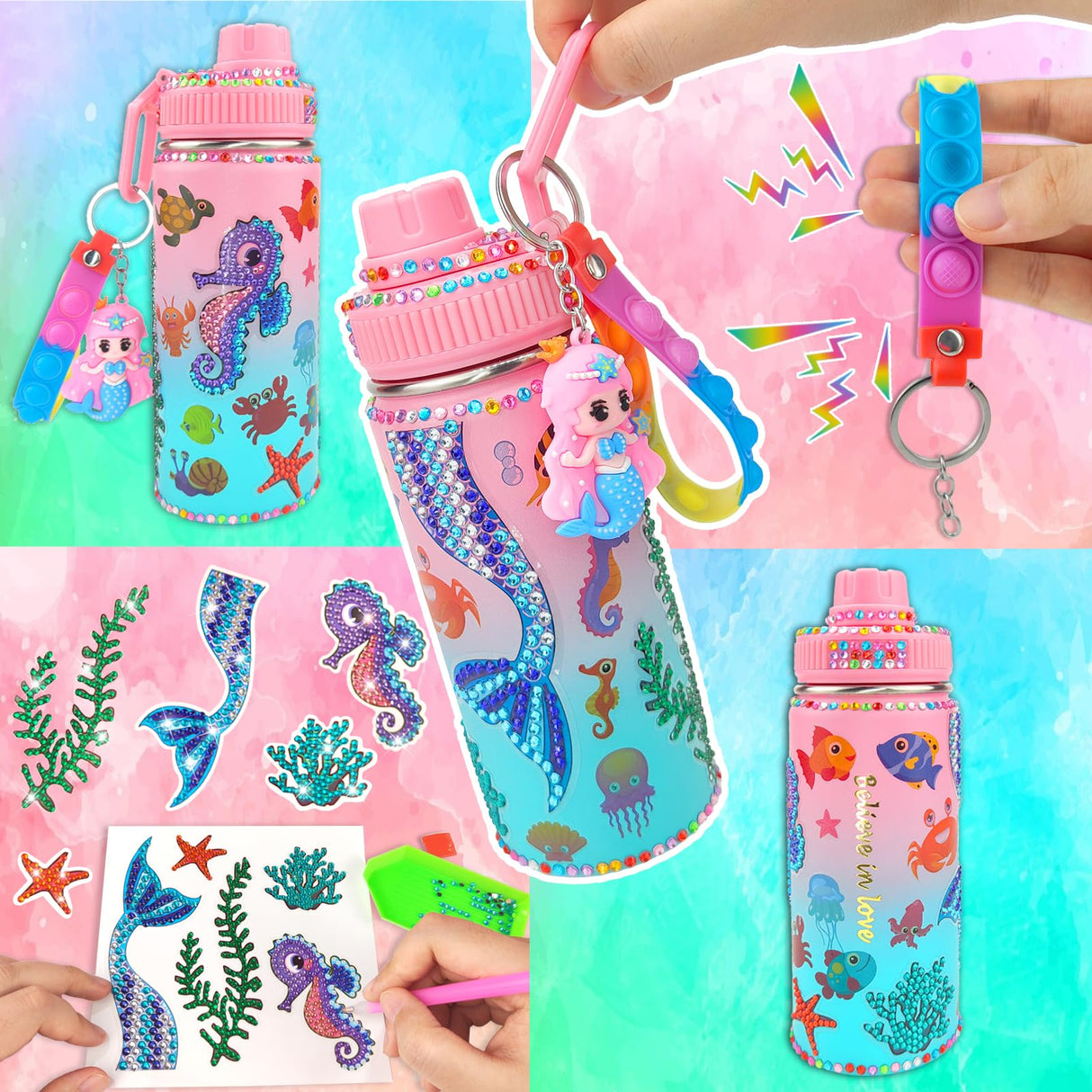 7july Decorate Your Own Water Bottle Kits for Girls Age 4-6-8-10 (Stainless Steel),Mermaid Themed Painting Crafts,Fun Arts and Crafts Gifts Toys for Girls Birthday Christmas 7july